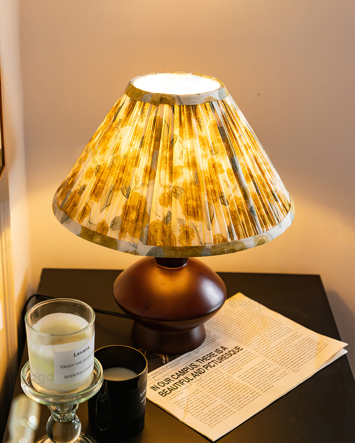 Bobbin table lamp on bedroom nightstand creating warm ambient lighting, vintage home interior styling