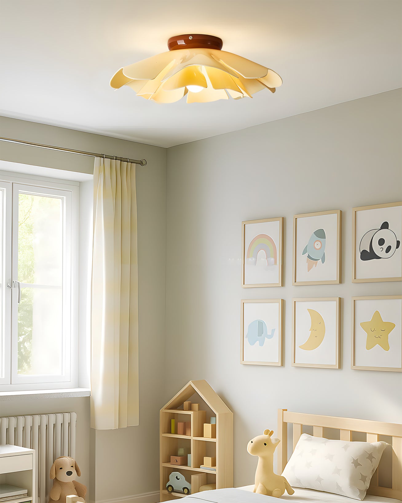 Cenia petal ceiling light in soft nursery bedroom with cartoon wall art, gentle ambient glow