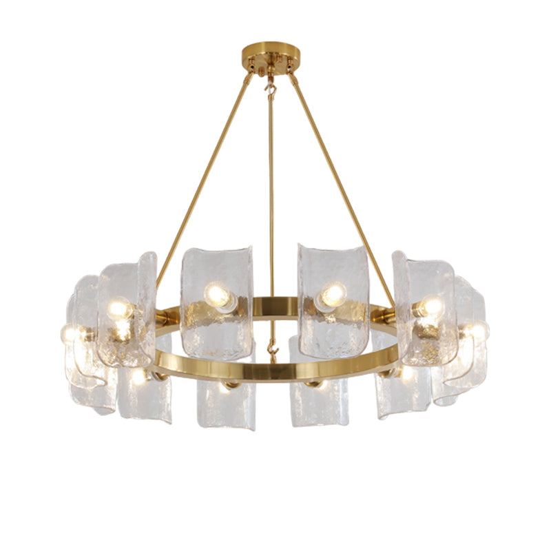 Helios large mid-century modern ring chandelier in brushed copper with extended rippled glass shade array