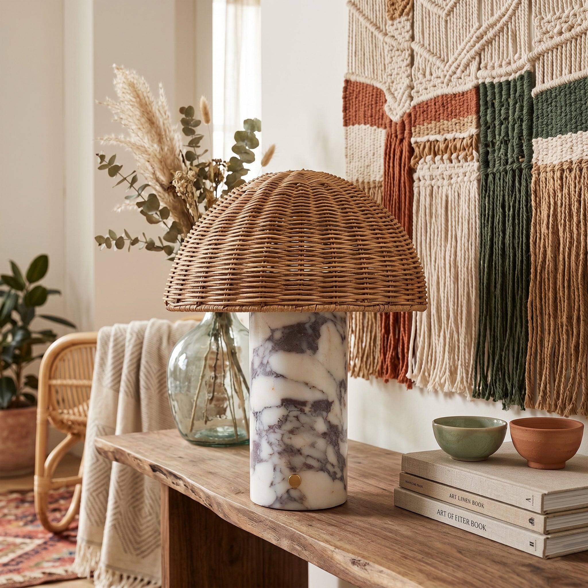 Handwoven rattan lamp on bohemian console table with dried florals and macramé - warm ambient lighting