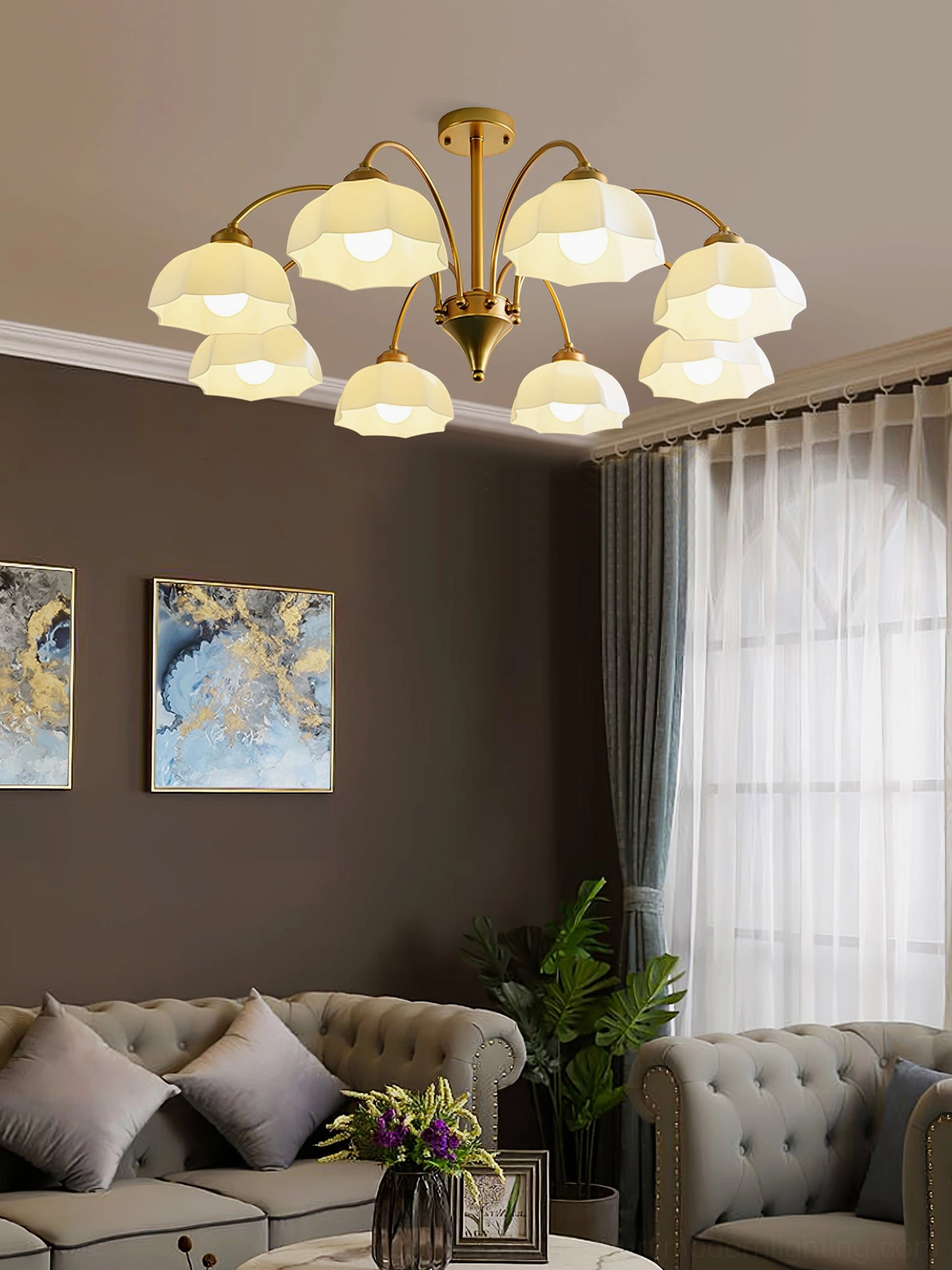 10-head frosted glass bell chandelier in modern luxury living room with wall art, multiple pendant lights creating dramatic illumination