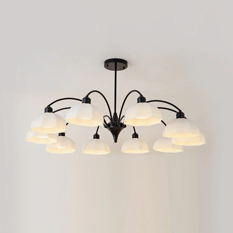 10-head frosted glass bell chandelier black and white, large statement ceiling fixture in luxury modern interior design