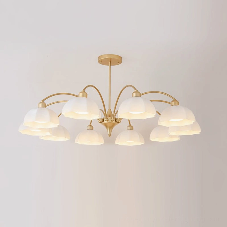 10-head frosted glass bell chandelier gold finish, luxurious large multi-pendant installation with warm brass metal frame