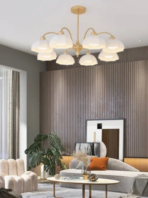 10-head frosted glass bell chandelier in minimalist luxury living room, eye-level perspective showing elegant ceiling installation and light diffusion