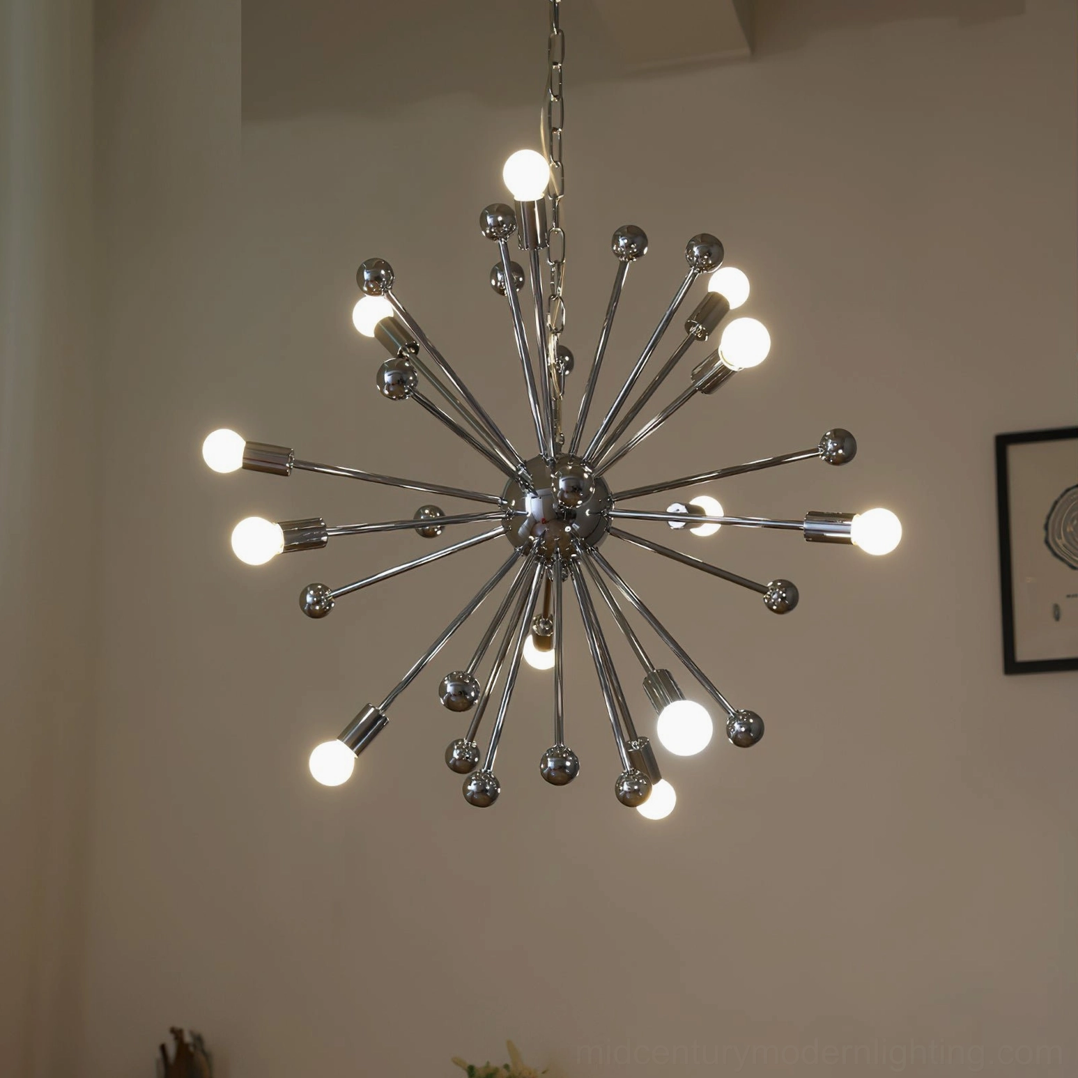 1950s inspired sputnik chandelier fully illuminated warm lighting modern home