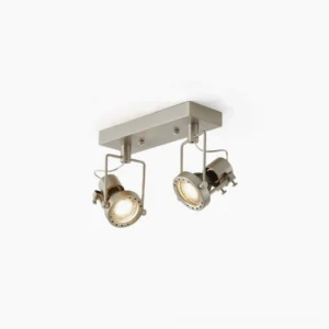 2-head modern adjustable ceiling spotlight with rectangular nickel base and swivel light heads on white background