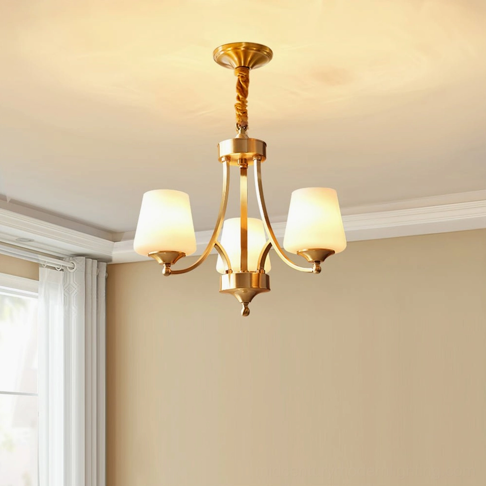 3-head Tuileries brass chandelier compact configuration white glass shades intimate lighting solution