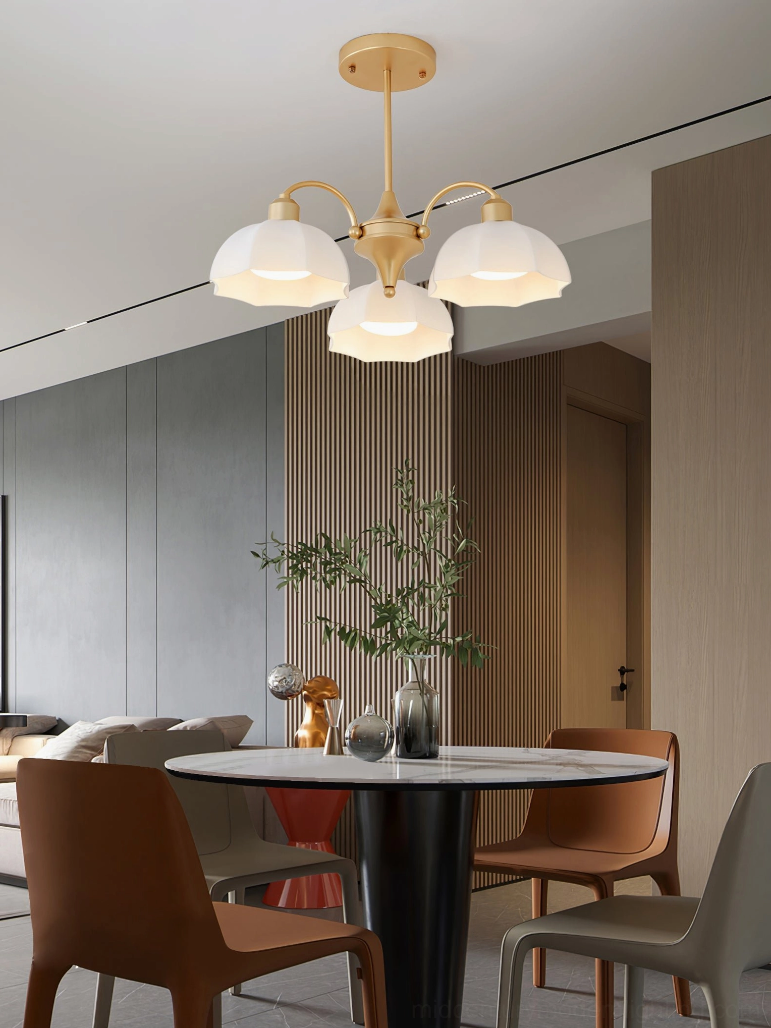 3-head frosted glass bell chandelier in small modern dining space, compact multi-head pendant fixture with light luxury design aesthetic
