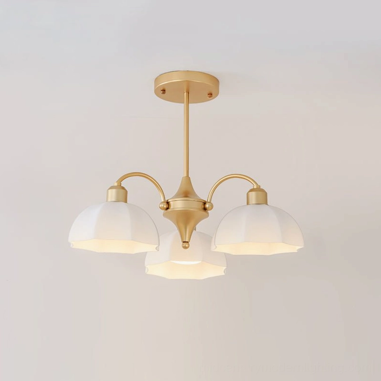 3-head frosted glass bell chandelier gold finish, intimate small-scale mid-century modern pendant light for dining spaces