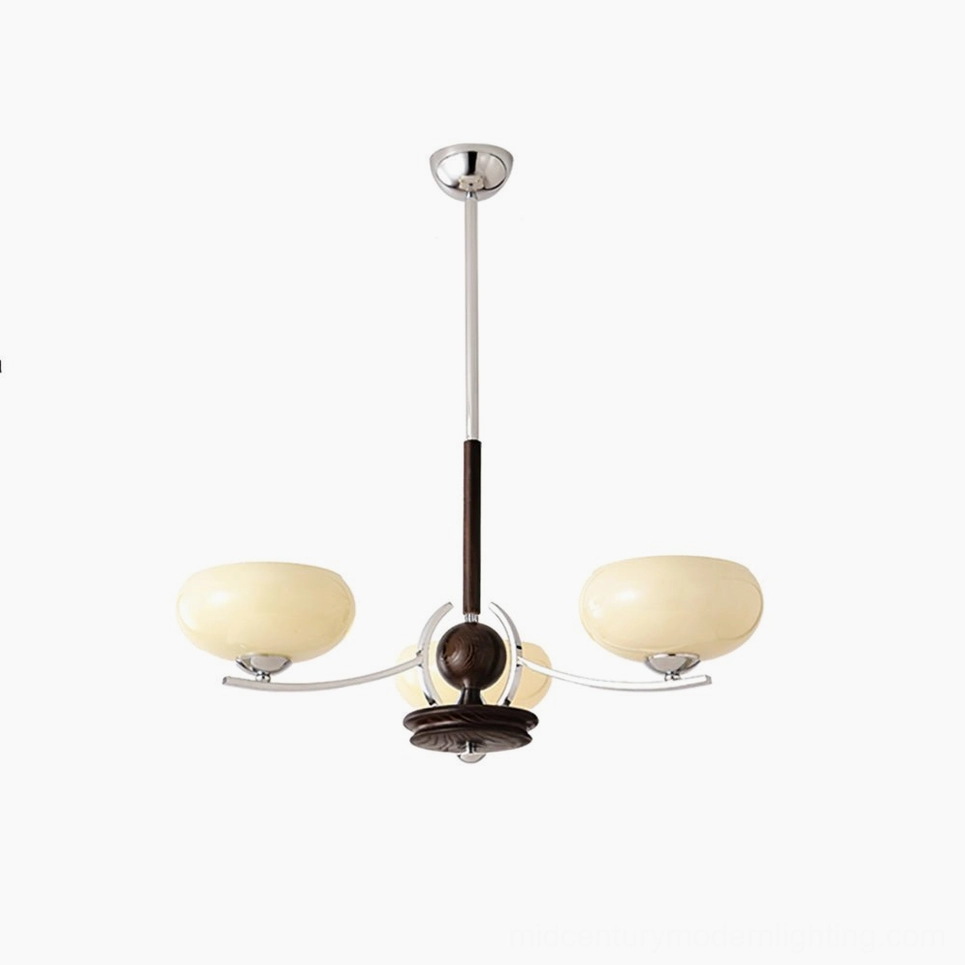 Three-head mid-century modern glass chandelier featuring cream oval glass shades, walnut wood central support, and chrome curved arms