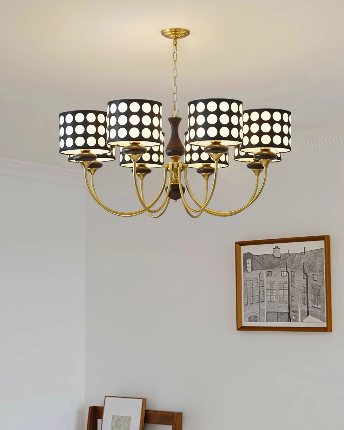 3-head polka dot chandelier intimate scale perfect for bedrooms and entryways, compact mid-century design
