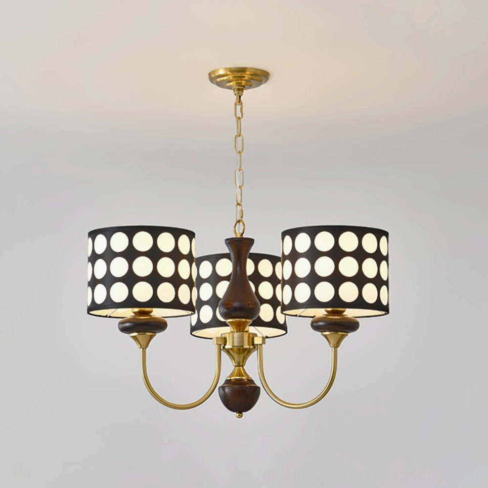 3-head polka dot chandelier with gold and walnut finishes, intimate space lighting solution