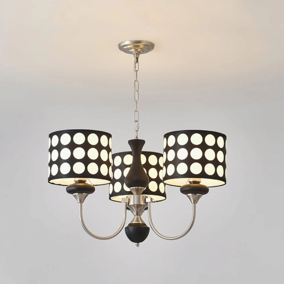 3-head polka dot chandelier with sand-nickel and walnut finishes, compact elegant lighting