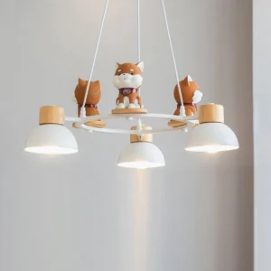 3-head Shiba Inu pendant chandelier in Nordic minimalist style, close-up frontal view against light gray wall