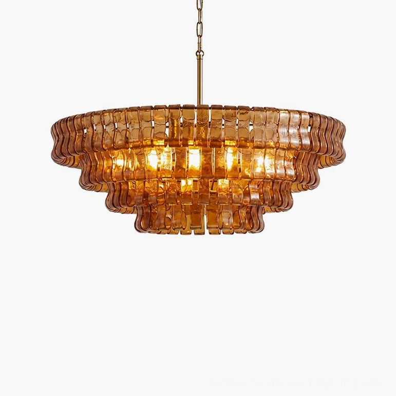 35.4 inch tiered round chandelier, green glass tiles with black metal frame, maximalist statement lighting fixture