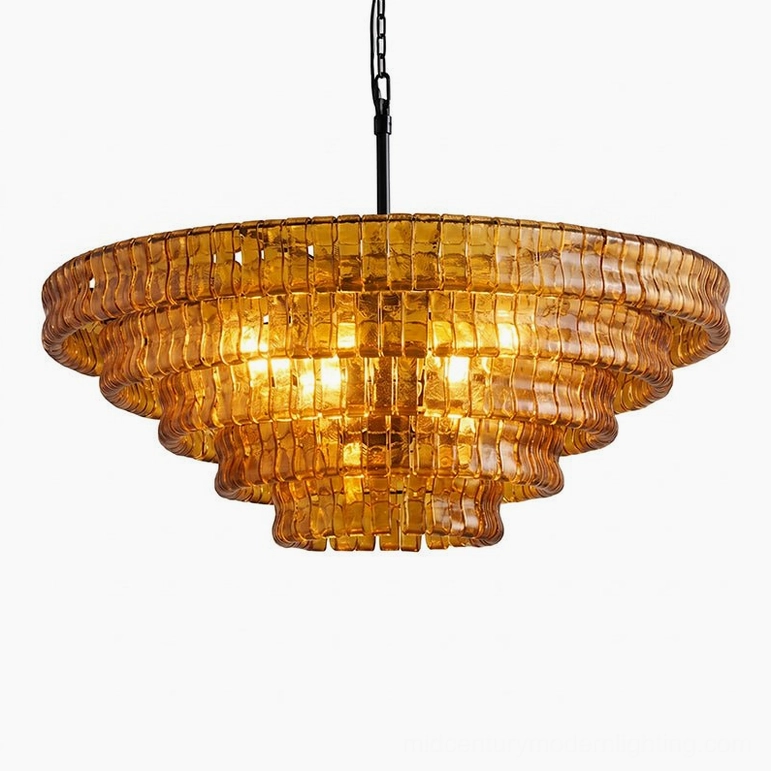 35.4 x 13 inch tiered round chandelier, amber glass and black frame combination, warm elegant lighting fixture
