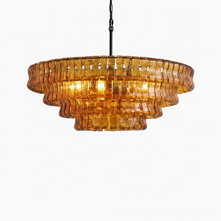 Tiered round chandelier 35.4 x 13 inch, amber glass with black frame, warm luxury lighting in formal dining room