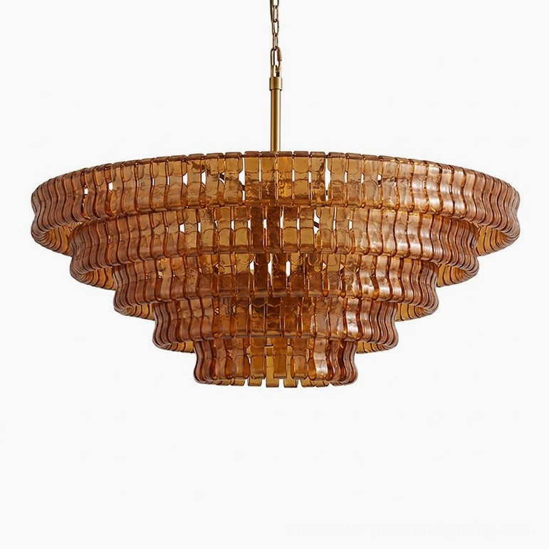 Tiered round chandelier 35.4 diameter, amber glass with gold metal frame, Hollywood Regency luxury lighting design