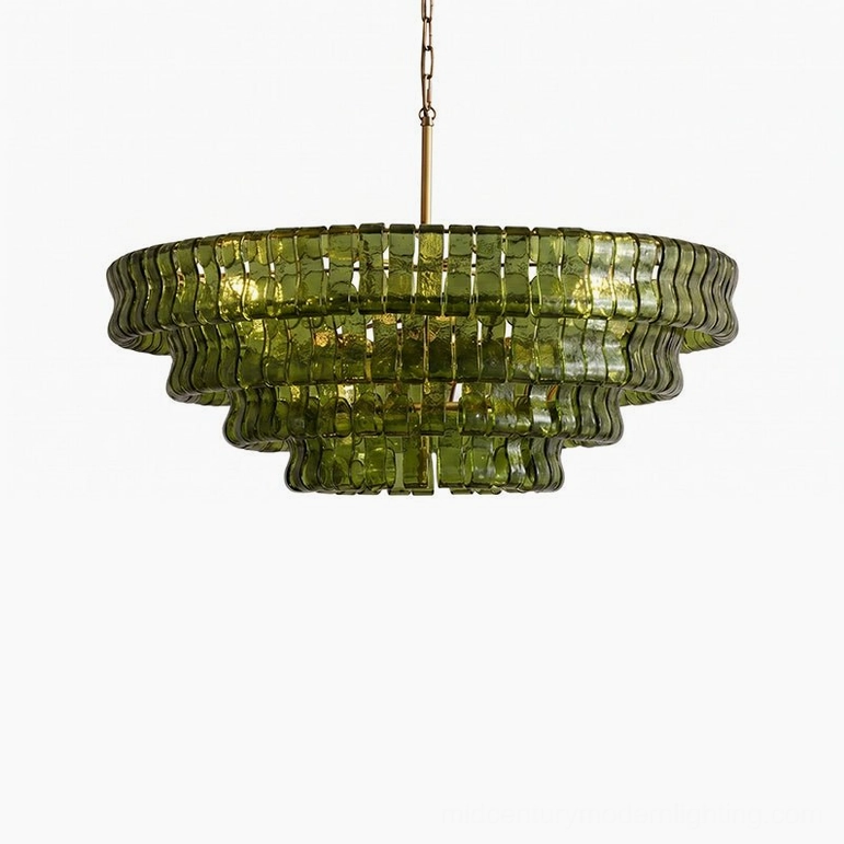 35.4 inch tiered round chandelier with green glass and black frame, jewel-toned statement fixture in interior space