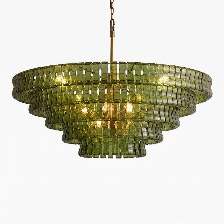 Tiered round chandelier 35.4 diameter, green glass with gold frame, bold eclectic interior statement lighting