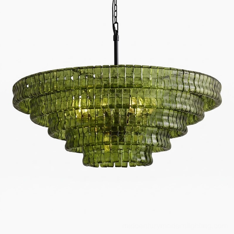 35.4 inch tiered round chandelier, green glass jewel-toned variant with black frame, statement interior fixture