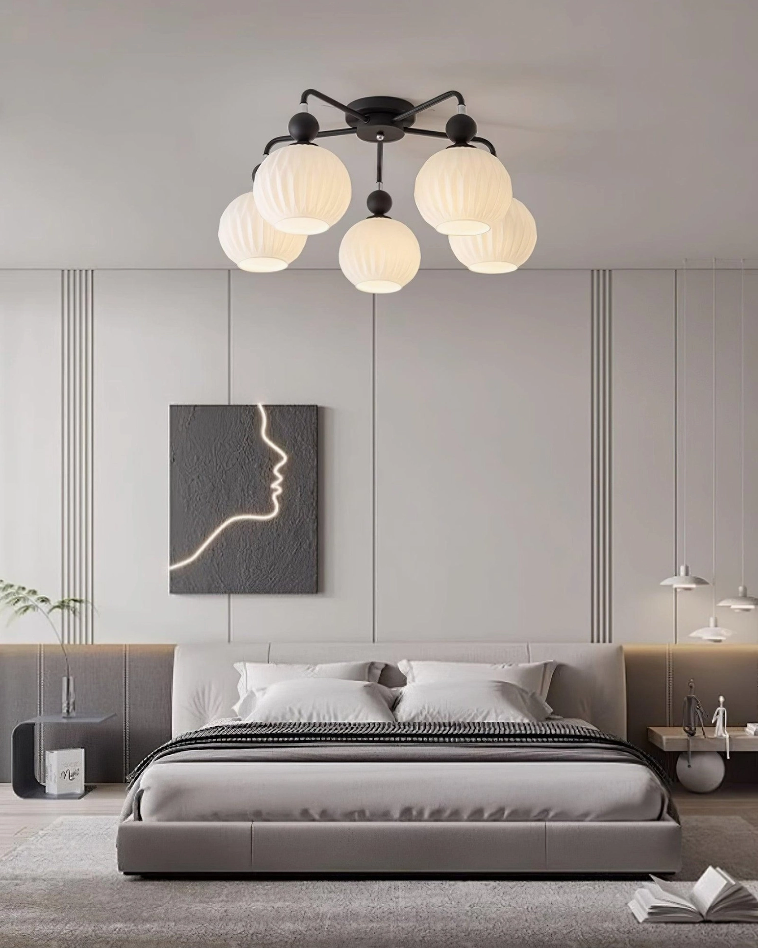 4-head mid-century ceiling chandelier in compact dining space, overhead view