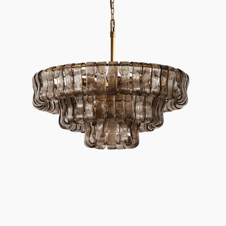 47.2 inch tiered round chandelier, clear ice-textured glass layers, modern architectural lighting fixture detail