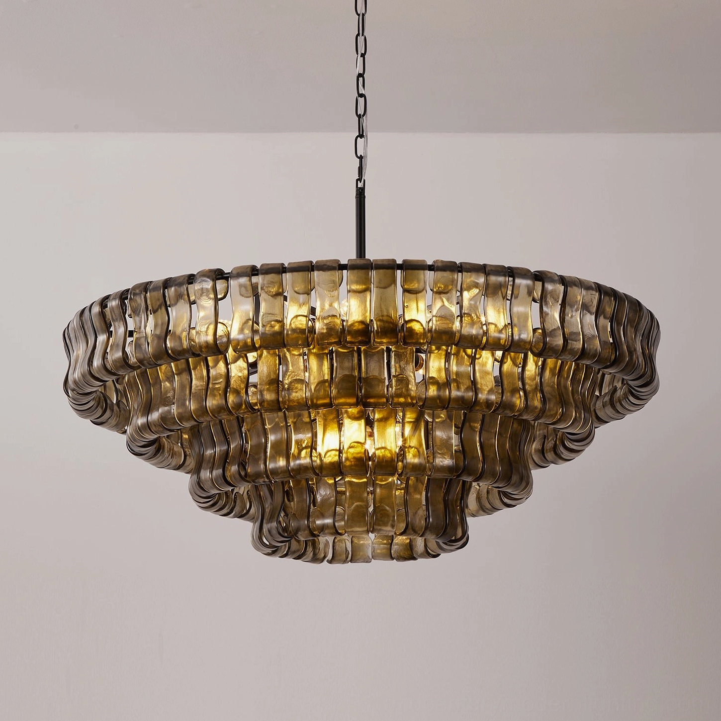 47.2 inch diameter tiered round chandelier with clear glass and black metal frame, architectural modern lighting fixture