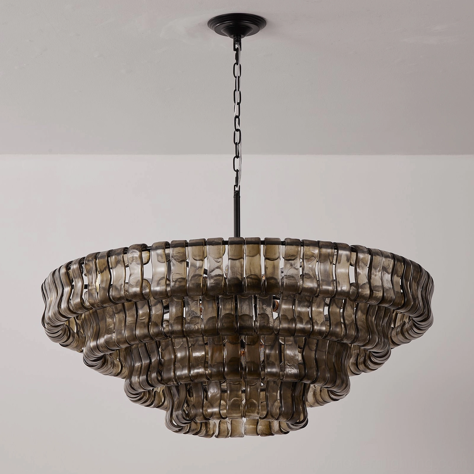 47.2 inch tiered round chandelier with clear glass, architectural modern luxury statement fixture, overhead detail