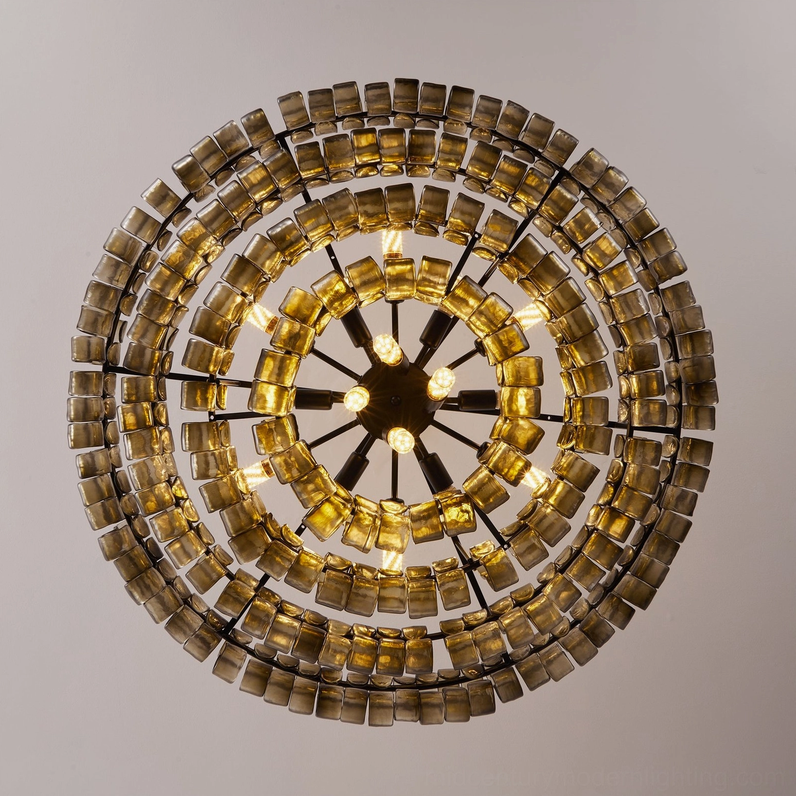 Tiered round chandelier 47.2 diameter x 17.7 height installed in double-height foyer, clear glass with black frame, statement lighting