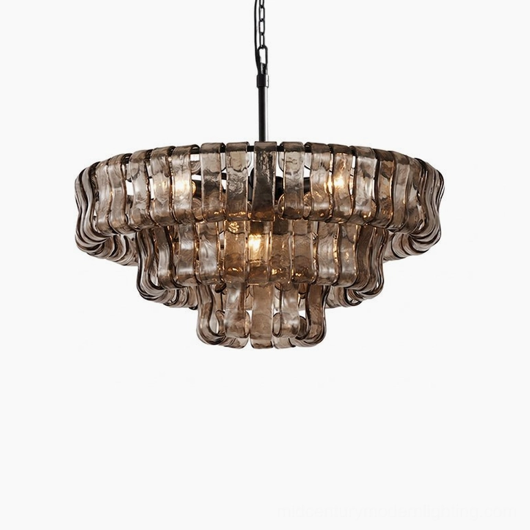 47.2 inch tiered round chandelier, clear ice-textured glass tiles, industrial frame, modern luxury statement piece