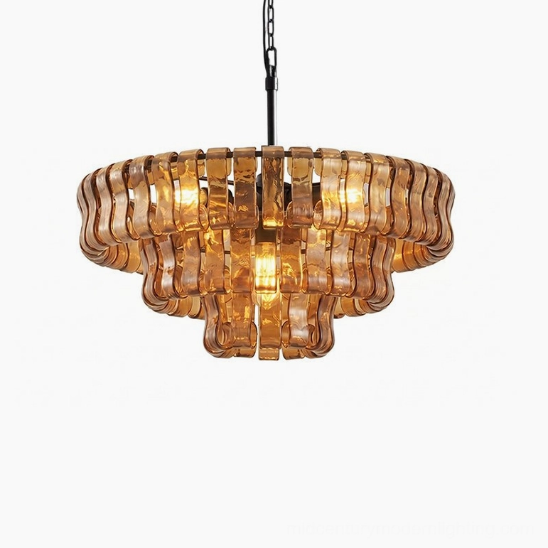 Grand 47.2 inch tiered round chandelier with clear glass, sculptural ice-textured layered composition, black frame