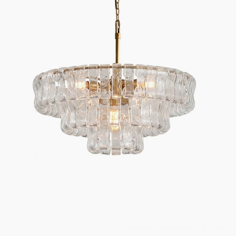 Tiered round chandelier 47.2 diameter, clear glass artisanal tiles with industrial black frame, sculptural form