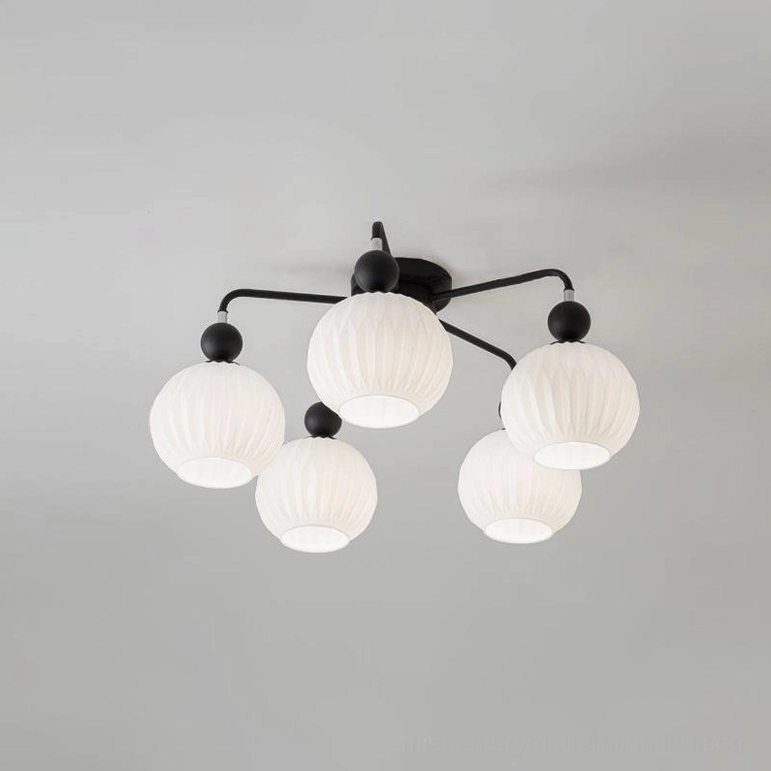 5-light matte black mid-century ceiling chandelier with ribbed glass shades