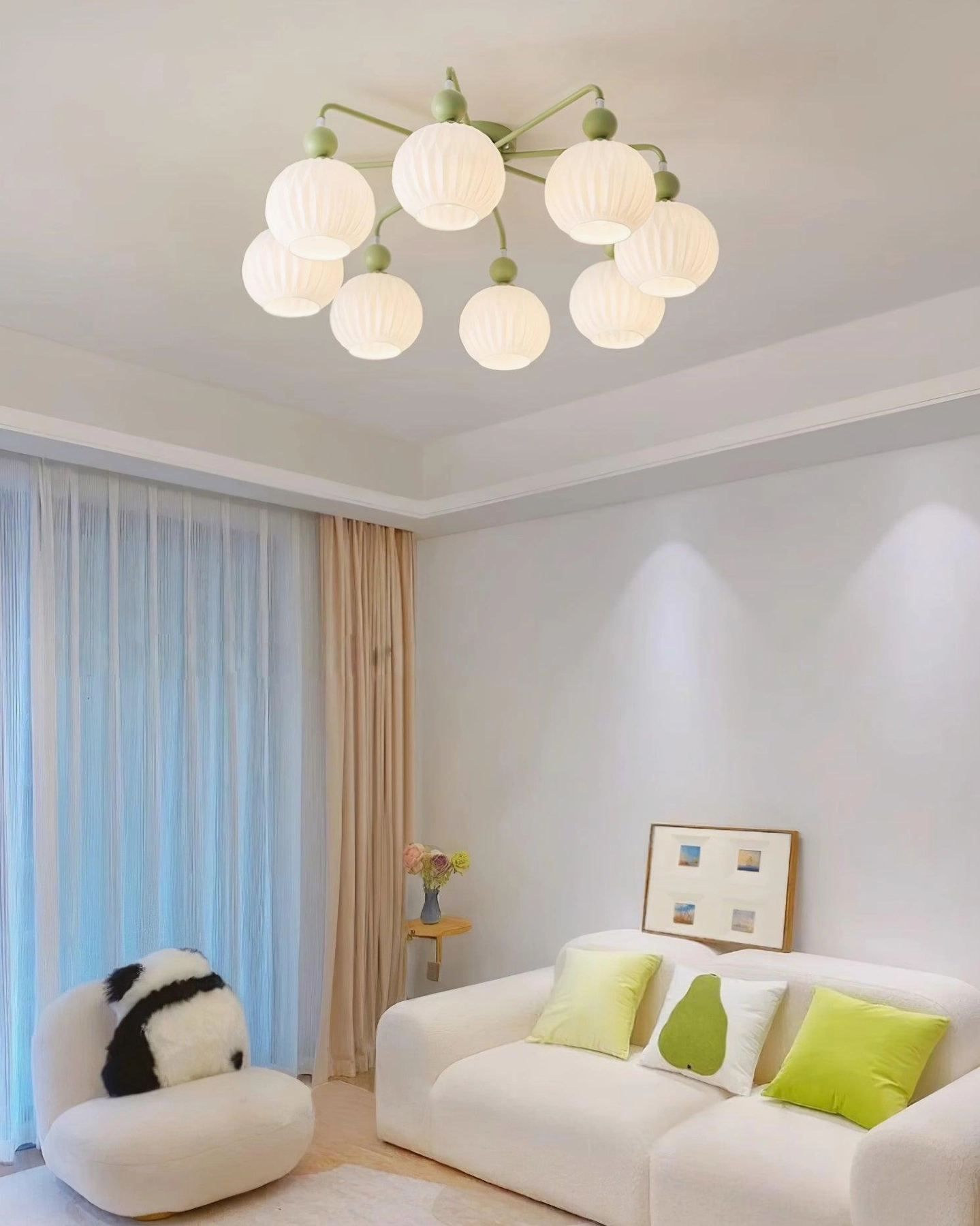 5-light ceiling chandelier installed in bedroom with warm ambient illumination