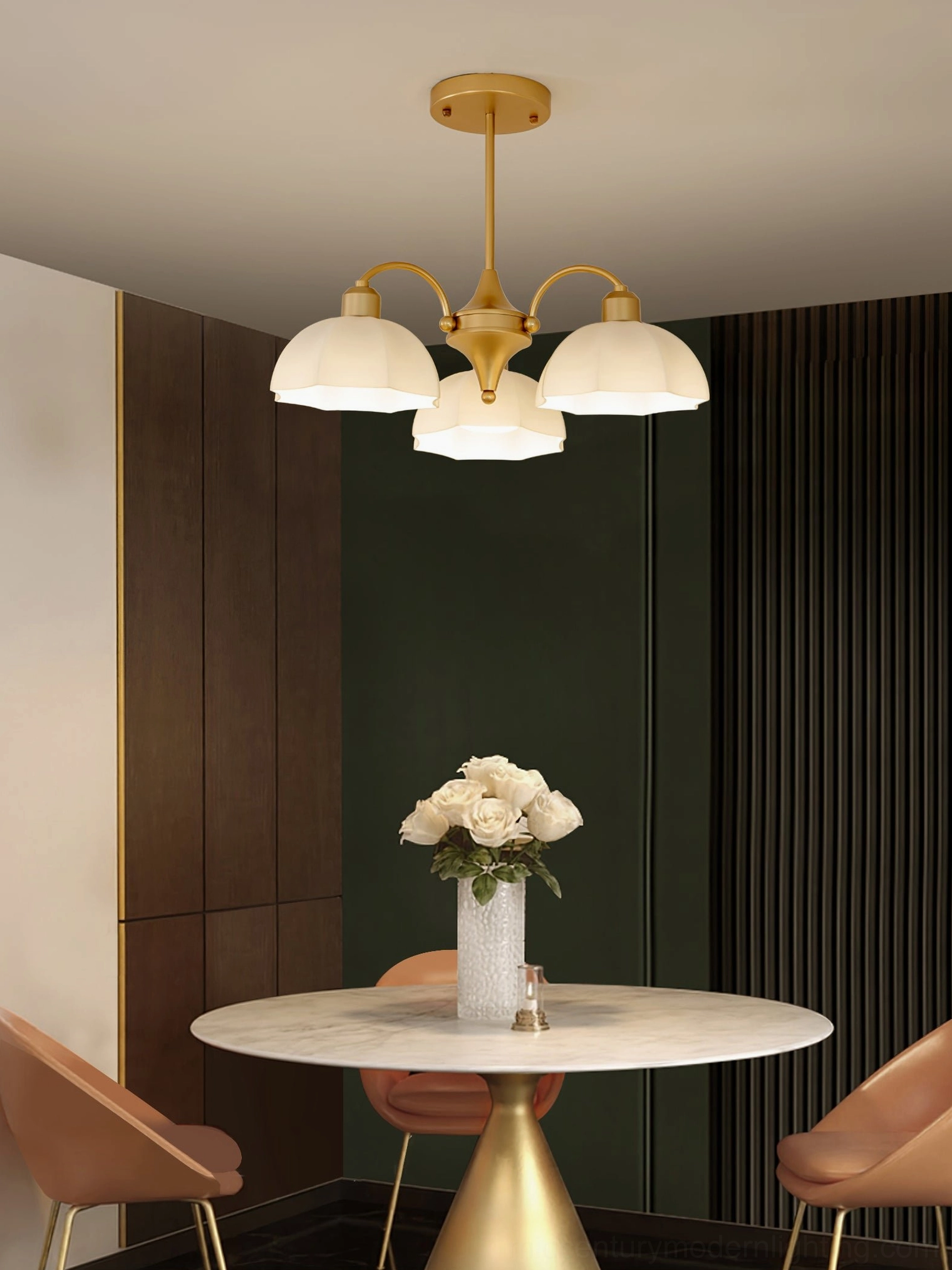 5-head frosted glass bell chandelier in contemporary dining room, compact multi-pendant light fixture with American light luxury interior design