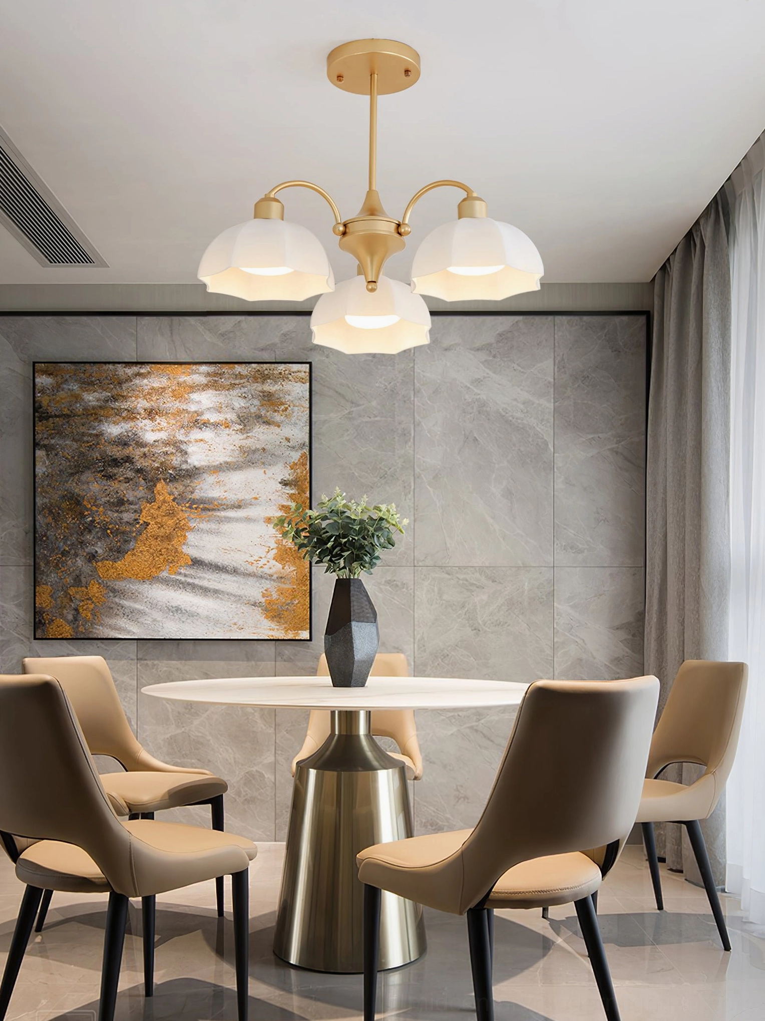 5-head frosted glass bell chandelier in sleek minimalist dining room with round table, elegant frosted shades and refined light diffusion