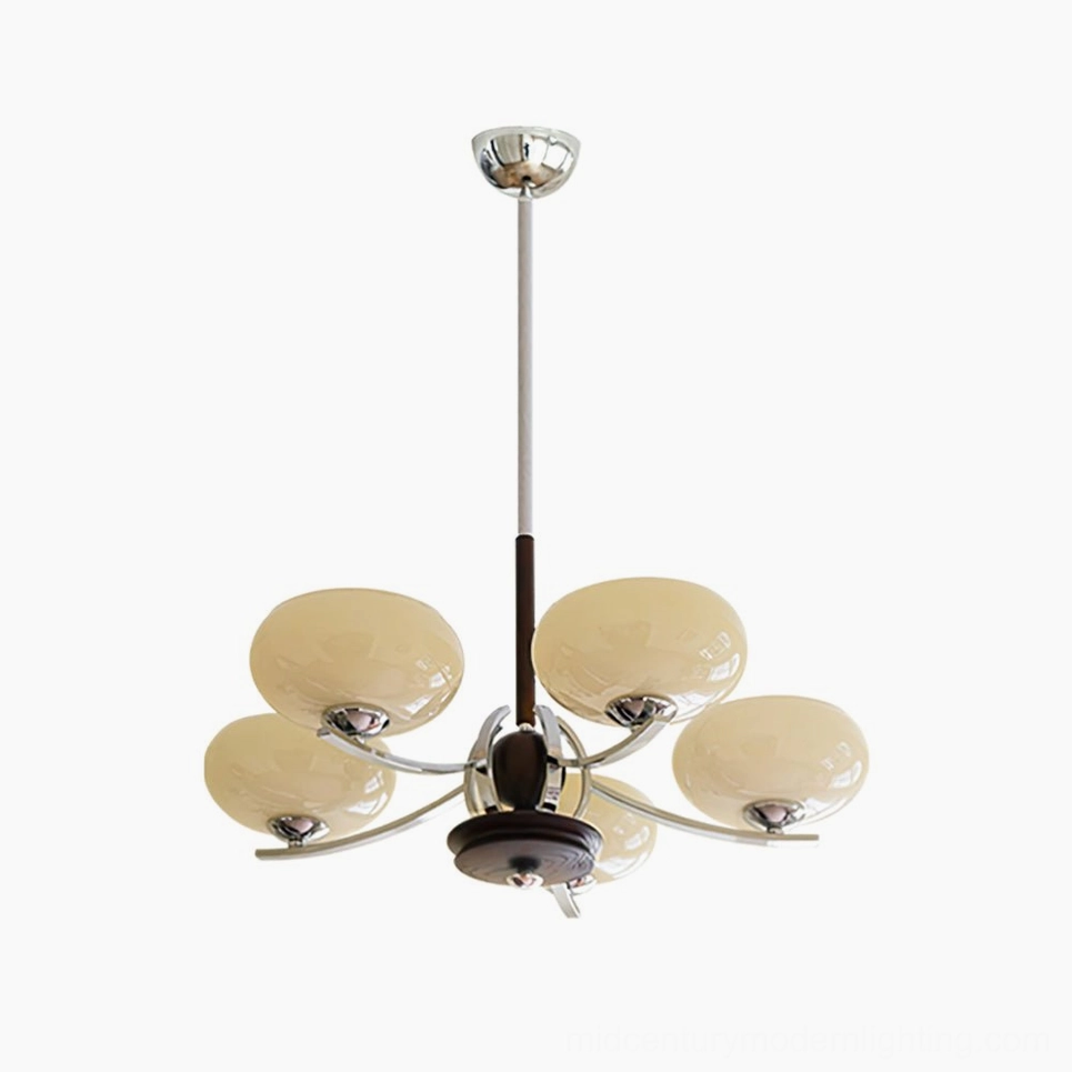 Five-head mid-century modern glass chandelier with cream oval shades, walnut wood frame, and polished chrome arms - complete fixture view