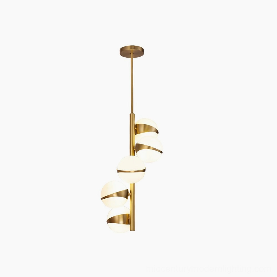 5-head vertical brass chandelier, Grand Lustre collection modern pendant light with stacked glass globes