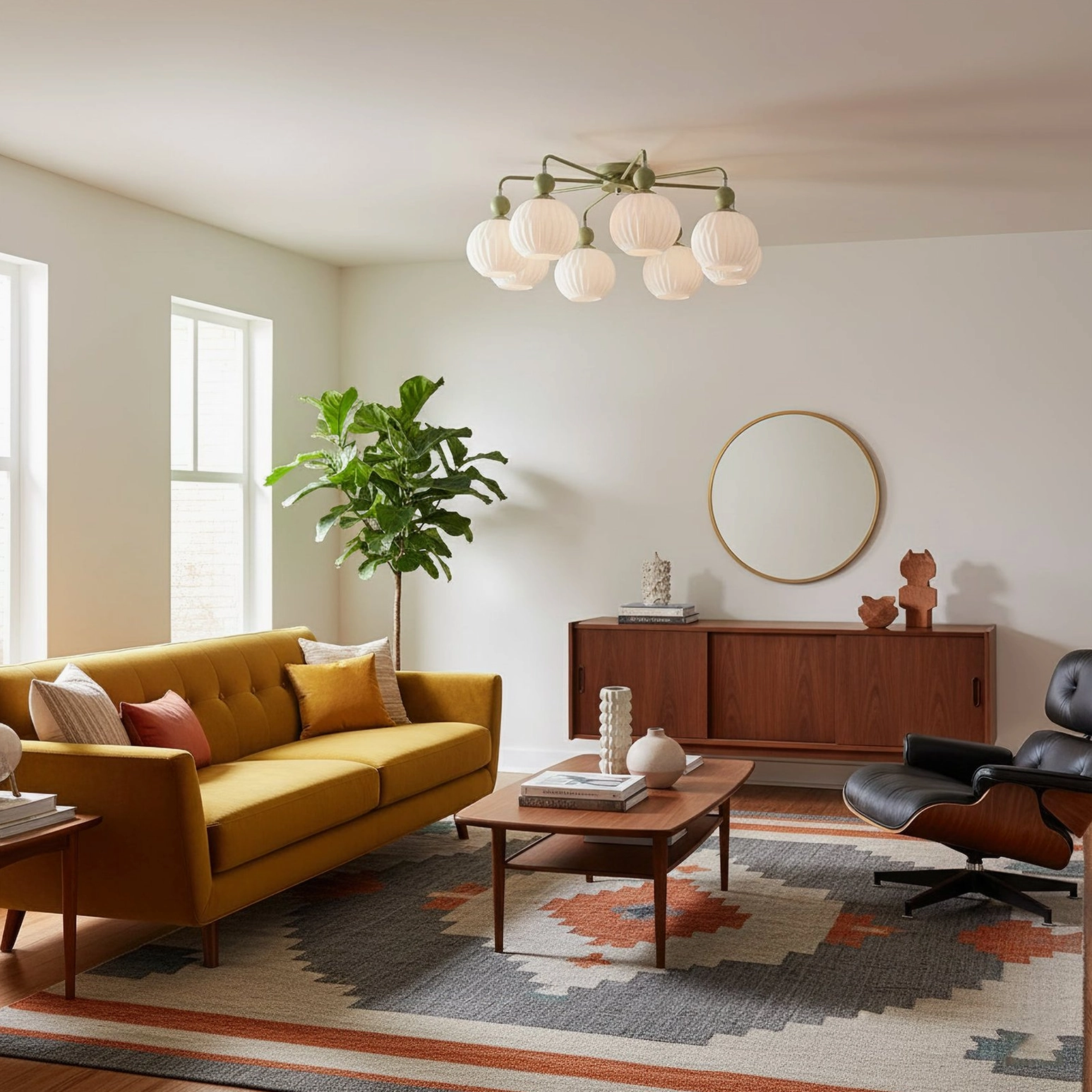 5-head sage green modern ceiling light in residential interior setting
