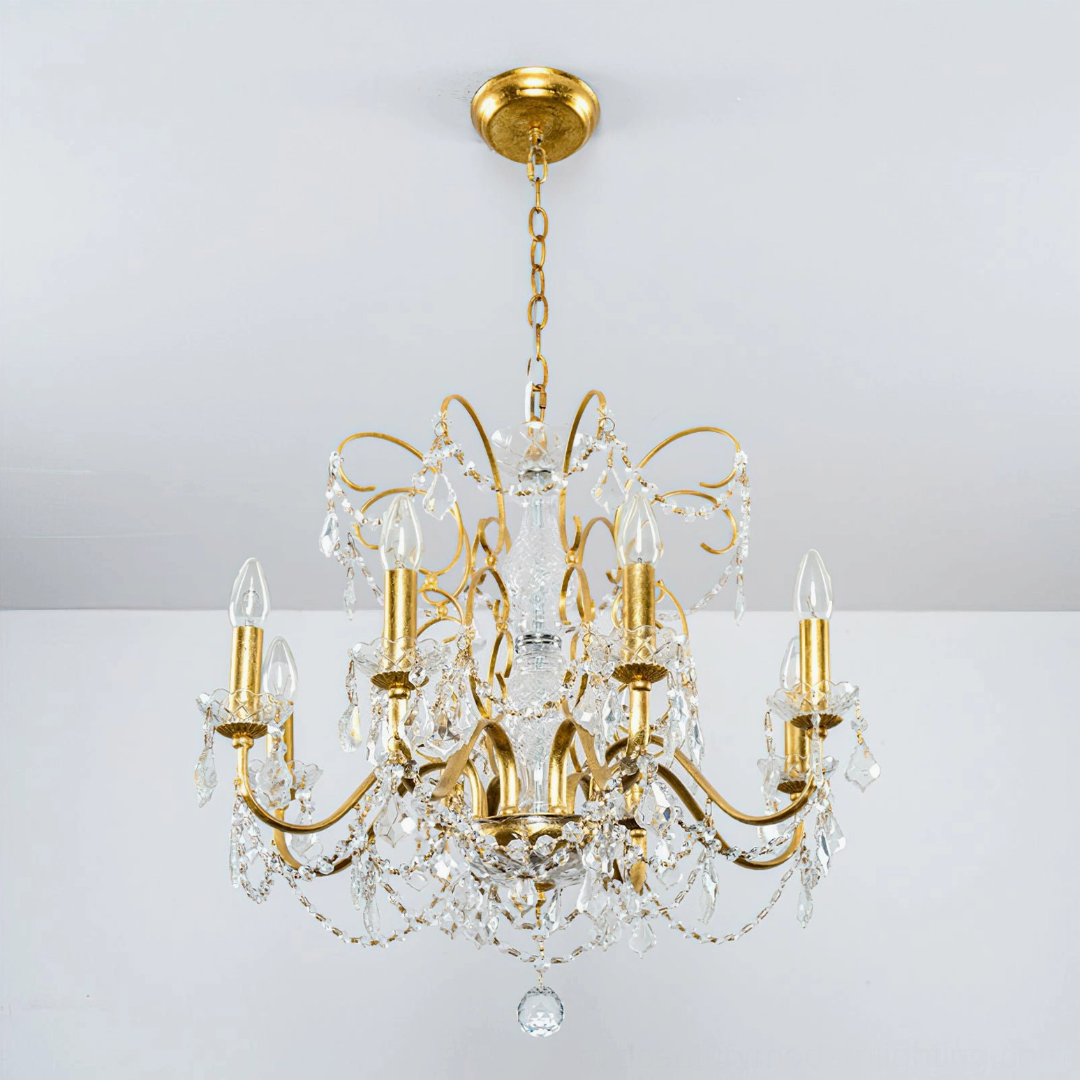 Unlit 6-head Fauna crystal chandelier with gold finish and clear optical crystals, showcasing traditional luxury design