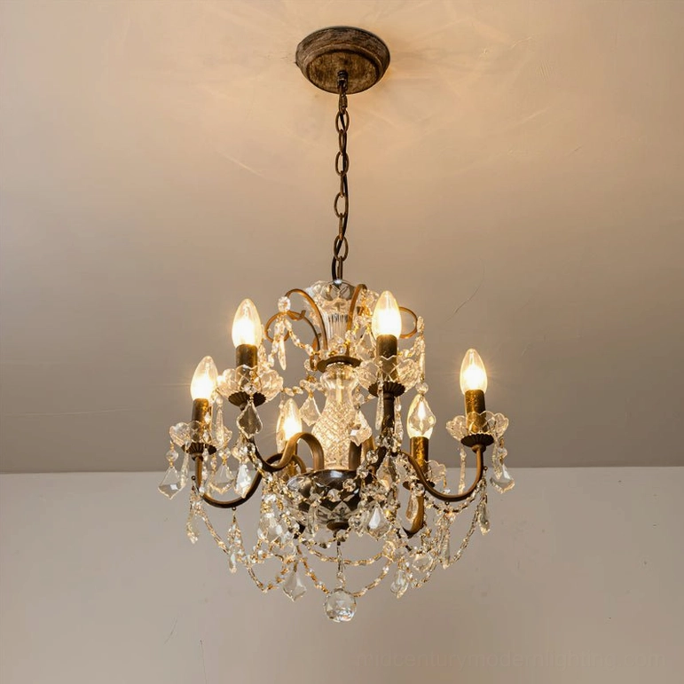 6-head Fauna crystal chandelier with rust finish showing compact size perfect for medium rooms and residential spaces