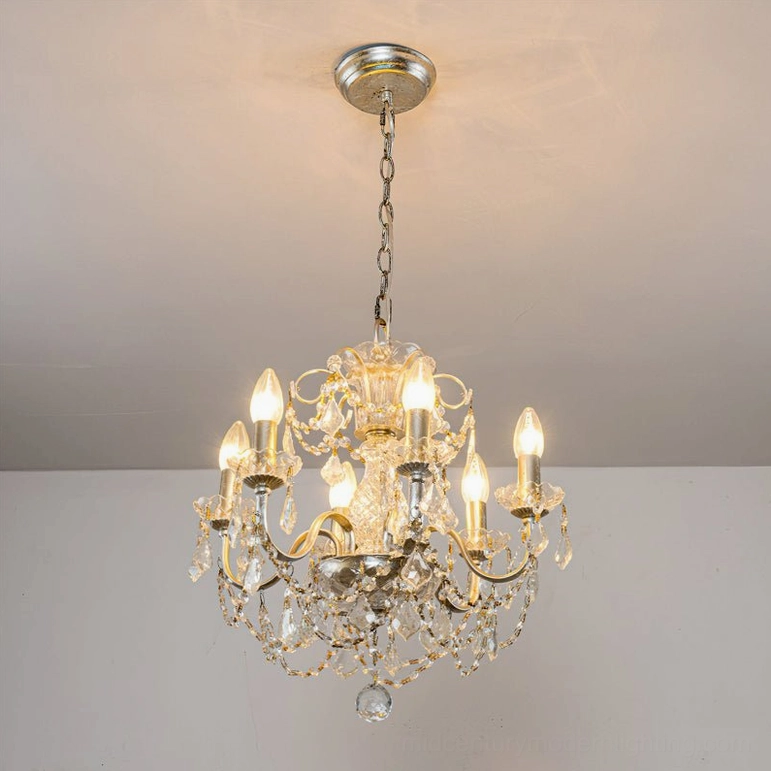 6-head Fauna crystal chandelier with silver finish installed on ceiling demonstrating proportional balance and modern elegance