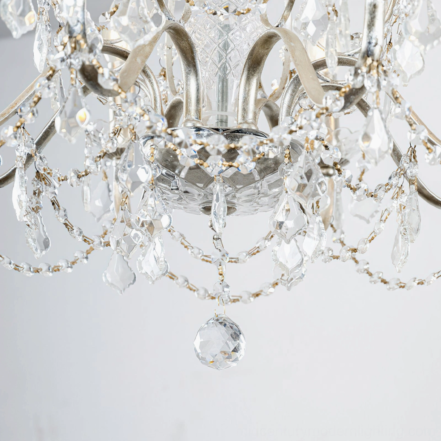 6-head Fauna crystal chandelier with silver finish showing elegant proportions and mid-century modern silhouette design