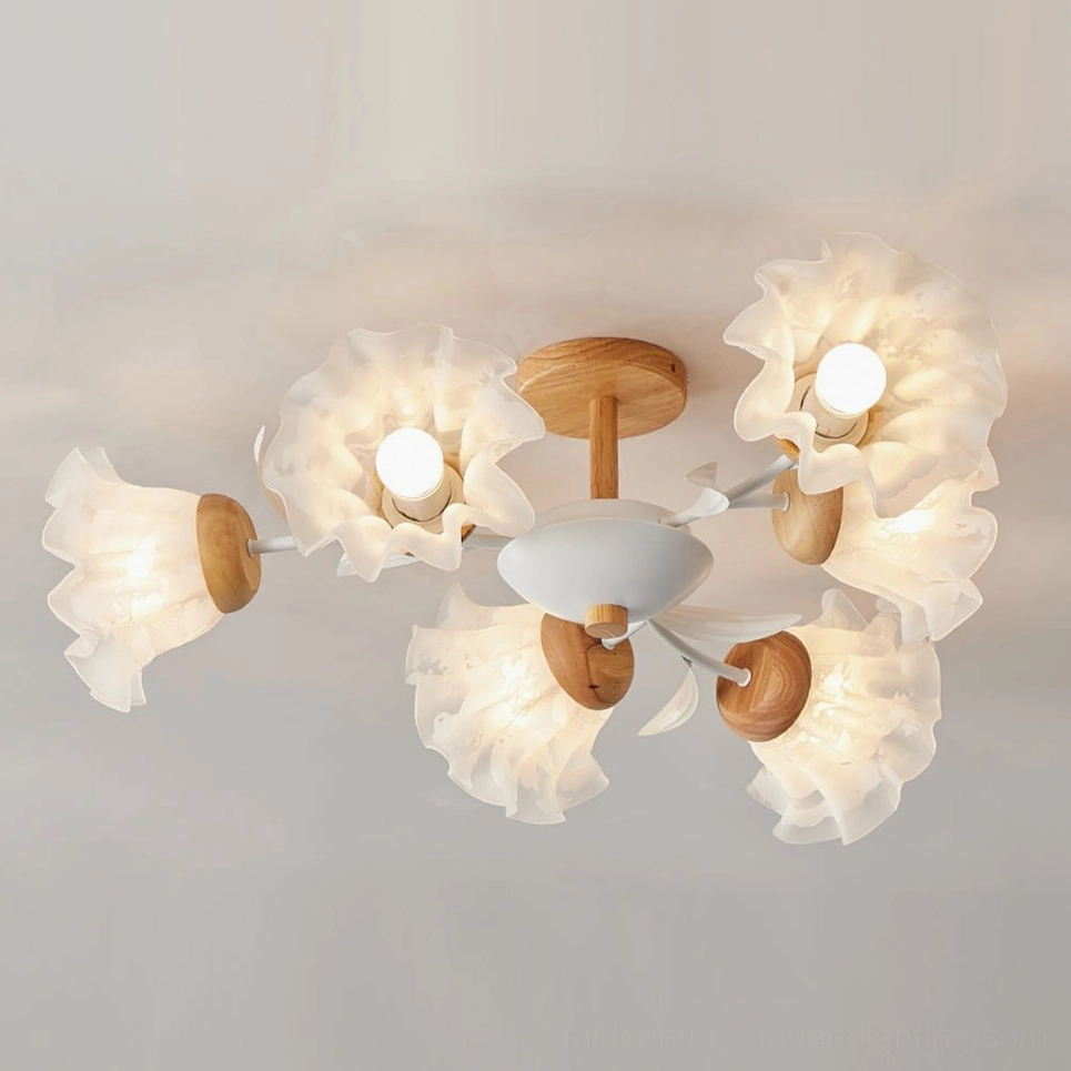 6-head compact floral branch ceiling lamp, wood and white metal base, front close-up view