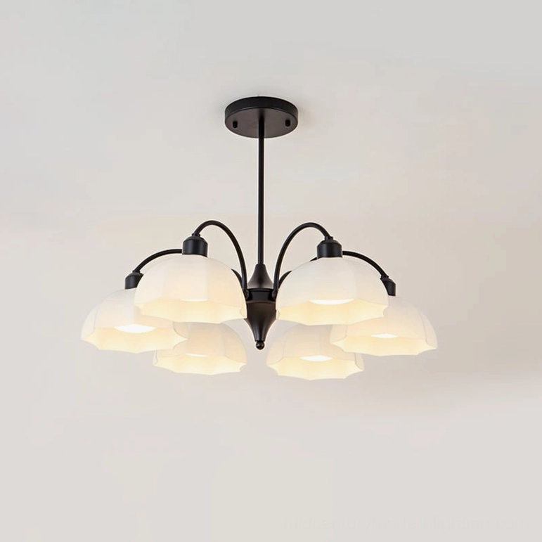 6-head frosted glass bell chandelier gold finish, medium-sized multi-pendant light in elegant dining room with botanical glass shades
