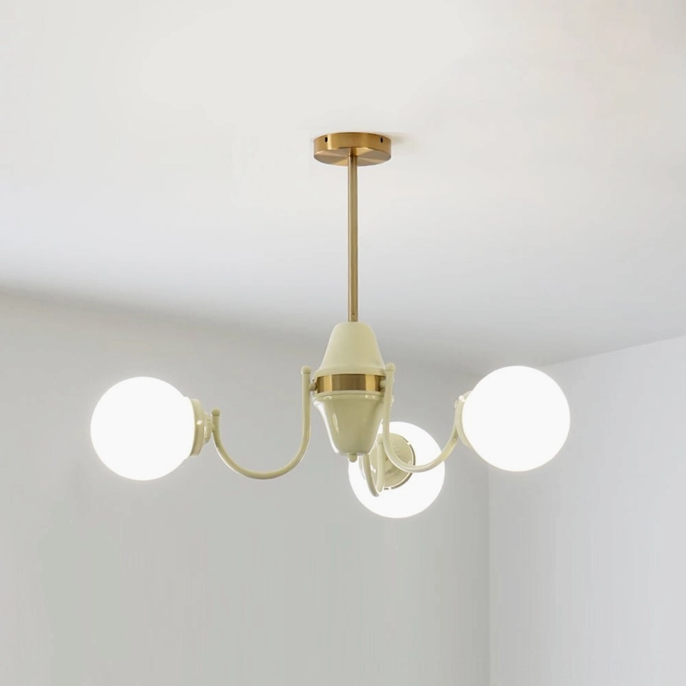 Six-head globe chandelier dimensional view, sculptural pendant lighting with spherical glass elements