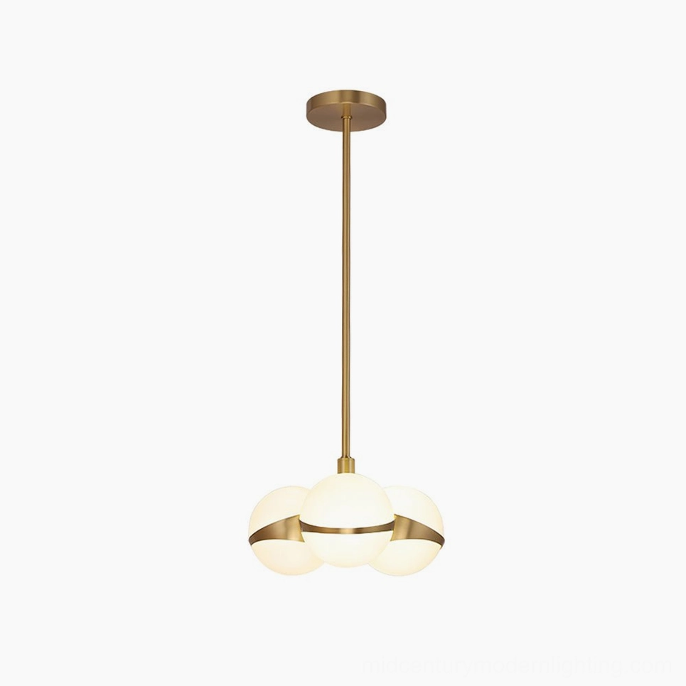 6-head medium round brass chandelier, Grand Lustre collection modern circular pendant with frosted glass design