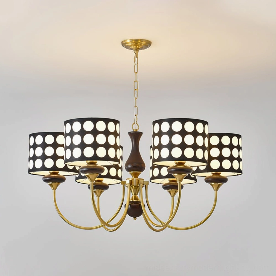 6-light black polka dot chandelier with gold metal arms and dark wood center detail, overhead ceiling view