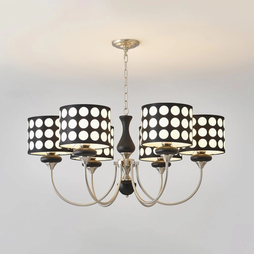 6-head polka dot chandelier with sand-nickel and walnut finishes in mid-scale configuration